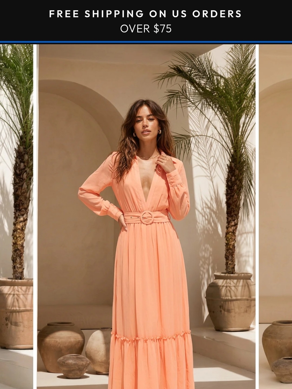 Peach Long-Sleeve V-Neck Maxi Dress with Belt